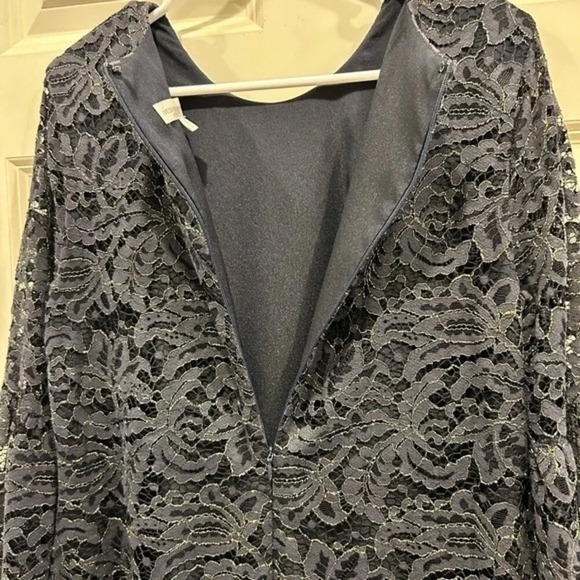 Dress the Population Paige Bell Sleeve Dress Navy Metallic Floral Lace Large - Picture 7 of 14
